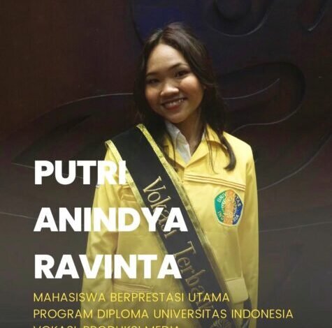 Putri Anindya Ravinta, mahasiswa program studi (prodi) Produksi Media, Program Pendidikan Vokasi, berhasil menyabet gelar Juara 1 Mahasiswa Berprestasi Utama Jenjang Diploma Universitas Indonesia tahun 2023 yang berlangsung pada Senin, 10 April 2023