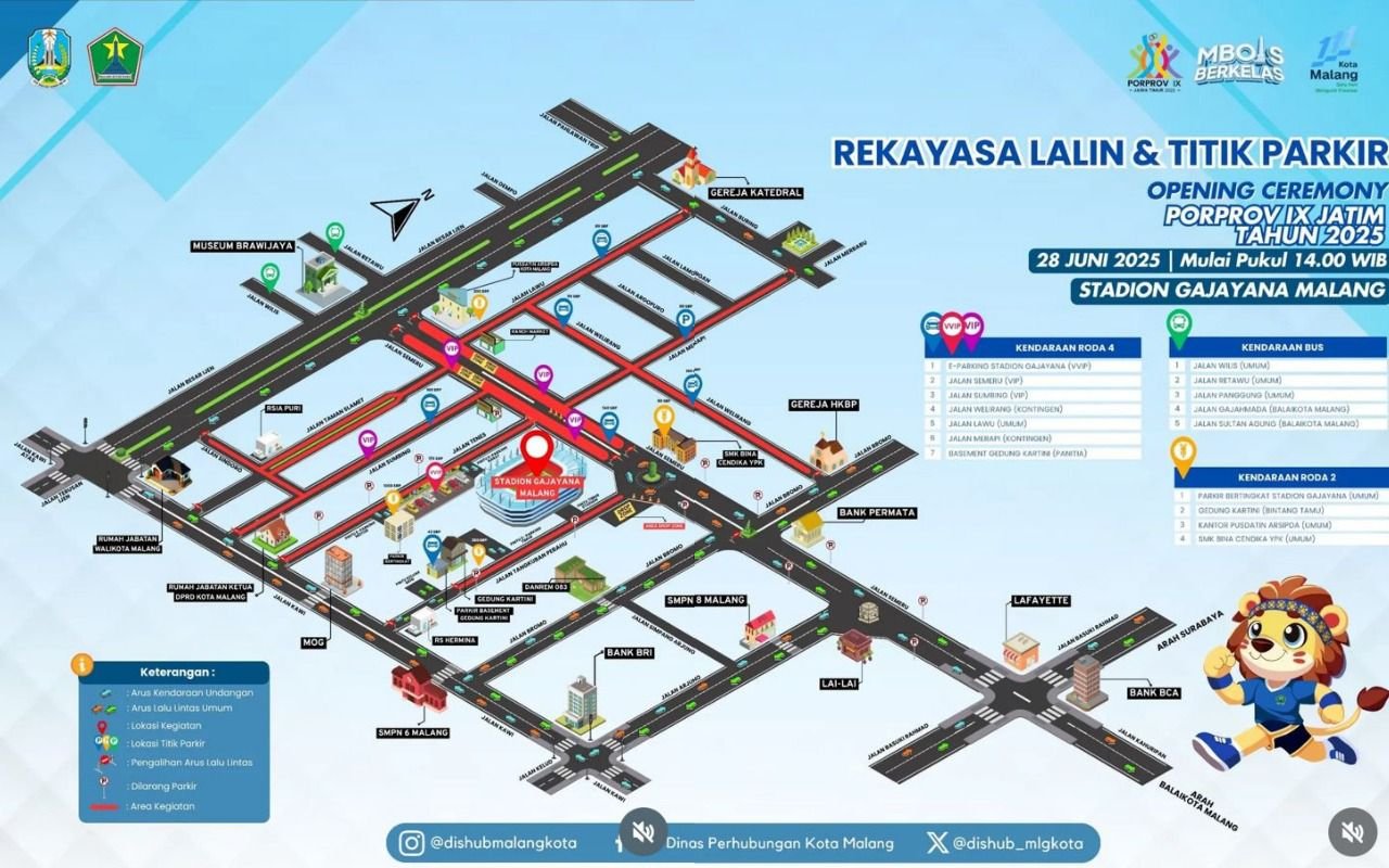 Dishub Kota Malang Umumkan Rekayasa Lalu Lintas Jelang Opening Ceremony Porprov IX Jatim 2025, Warga Diimbau Hindari Kawasan Stadion Gajayana