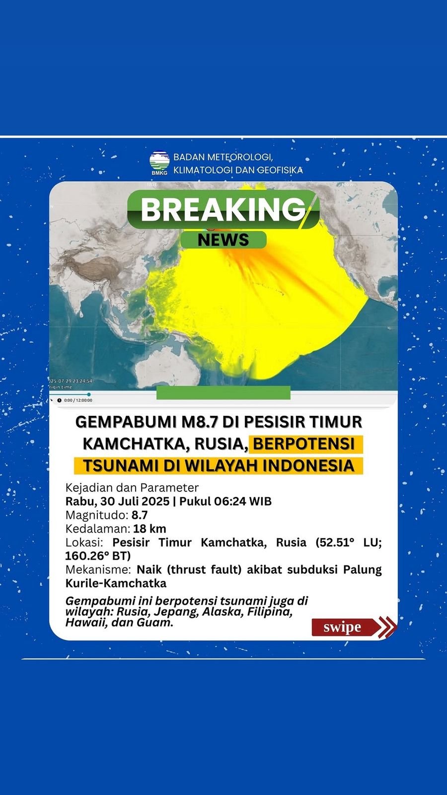 BMKG: Gelombang Tsunami Imbas Gempa Dahsyat Rusia Capai Papua, Kini Telah Reda