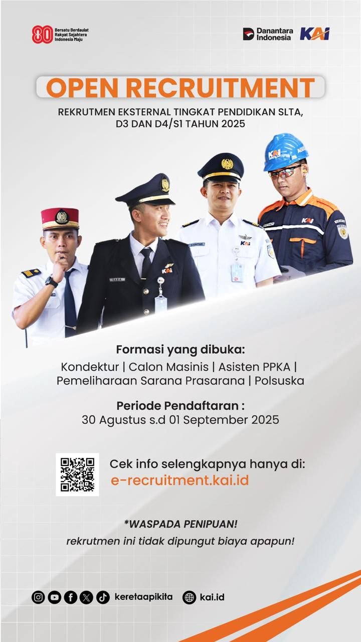 KAI Buka Rekrutmen Eksternal, Pendaftaran 30 Agustus–1 September 2025