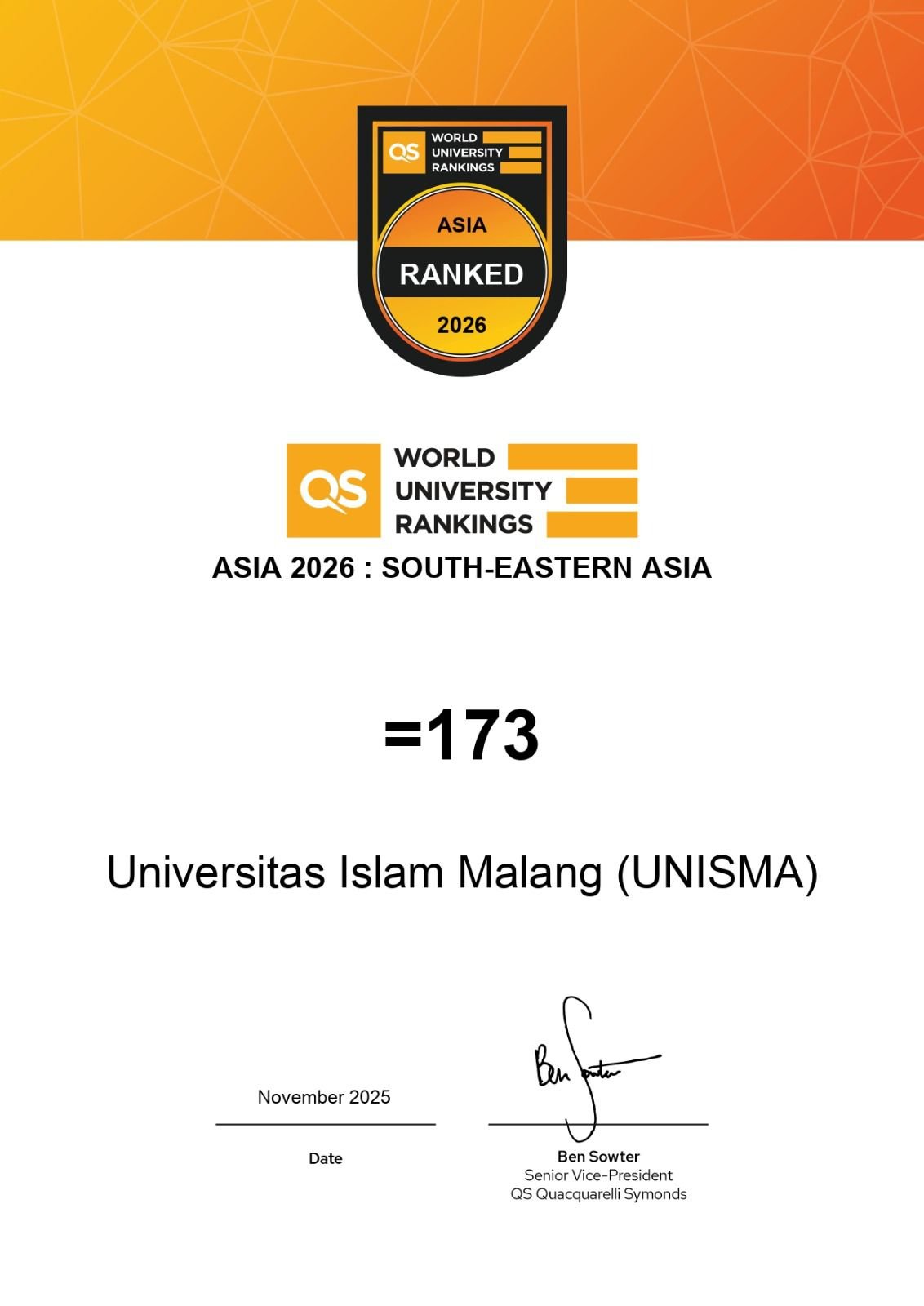 UNISMA Masuk QS Asia University Rankings 2026, Peringkat 1101–1200 Asia dan Terbaik di Kalangan PTNU