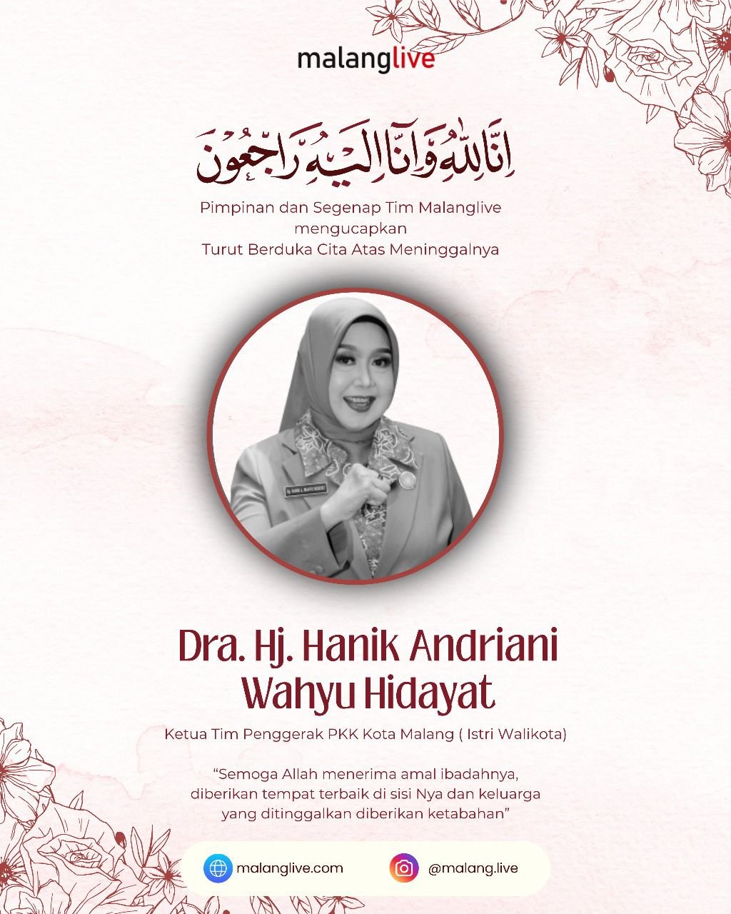 Istri Wali Kota Malang Hj Hanik Andriani Meninggal Mendadak, Dimakamkan di TPU Kasin