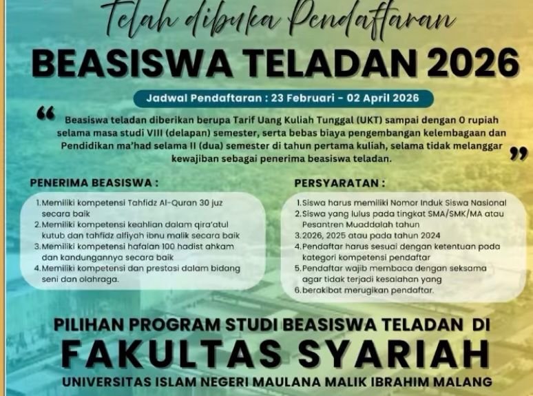Fakultas Syariah UIN Malang Buka Pendaftaran Beasiswa Teladan 2026, Kuliah Gratis hingga 8 Semester