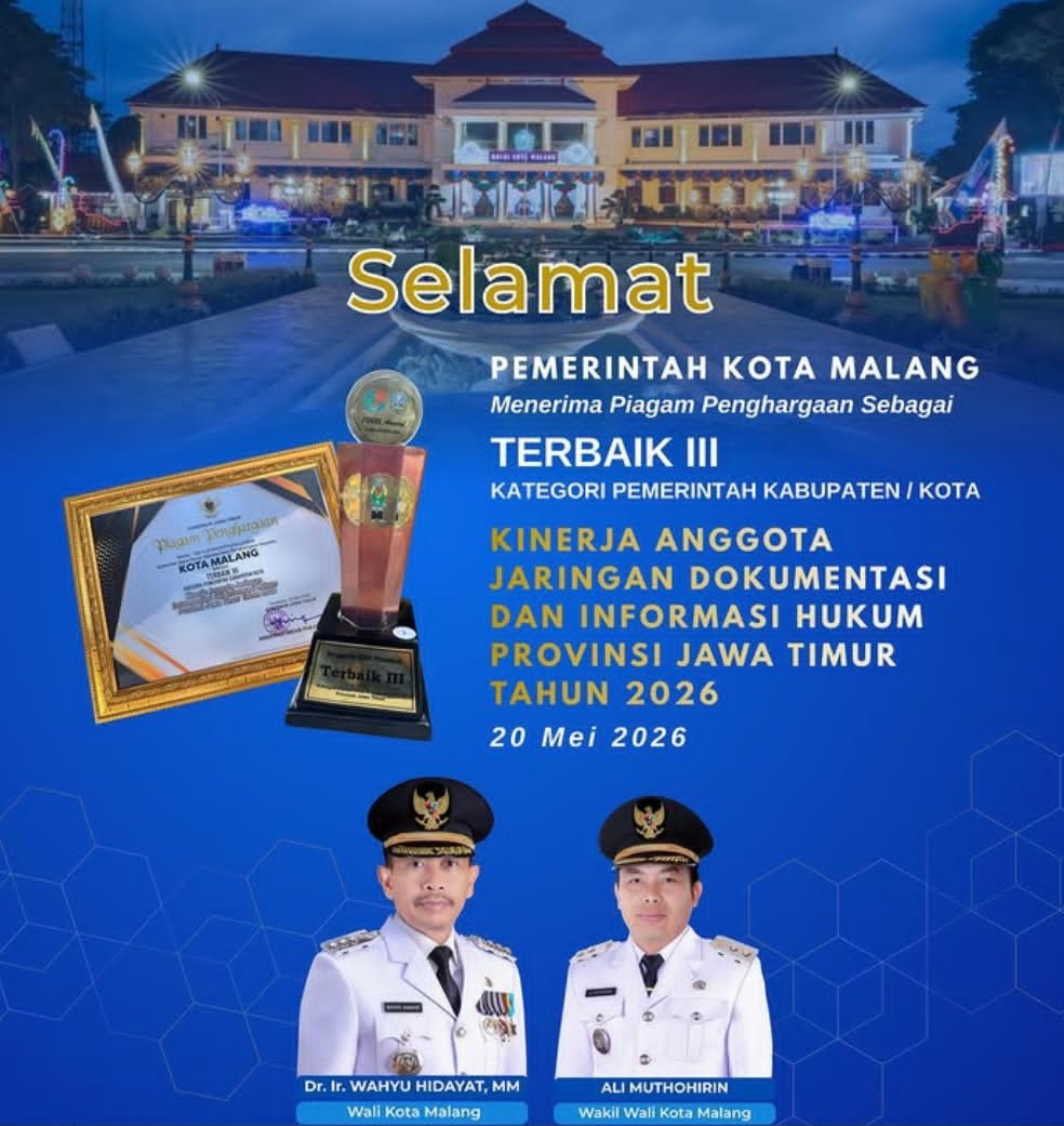 Di Bawah Kepemimpinan Wahyu Hidayat, Pemkot Malang Raih Predikat AA dan Terbaik III Kinerja JDIH Jawa Timur