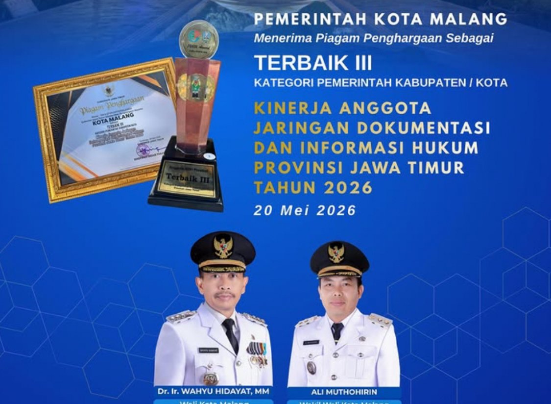 Di Bawah Kepemimpinan Wahyu Hidayat, Pemkot Malang Raih Predikat AA dan Terbaik III Kinerja JDIH Jawa Timur