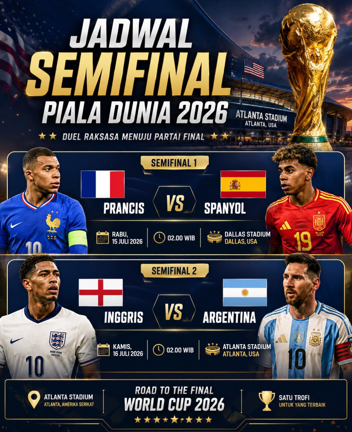 Resmi! Jadwal Semifinal Piala Dunia 2026 Dirilis, Inggris Tantang Argentina, Prancis Bentrok dengan Spanyol