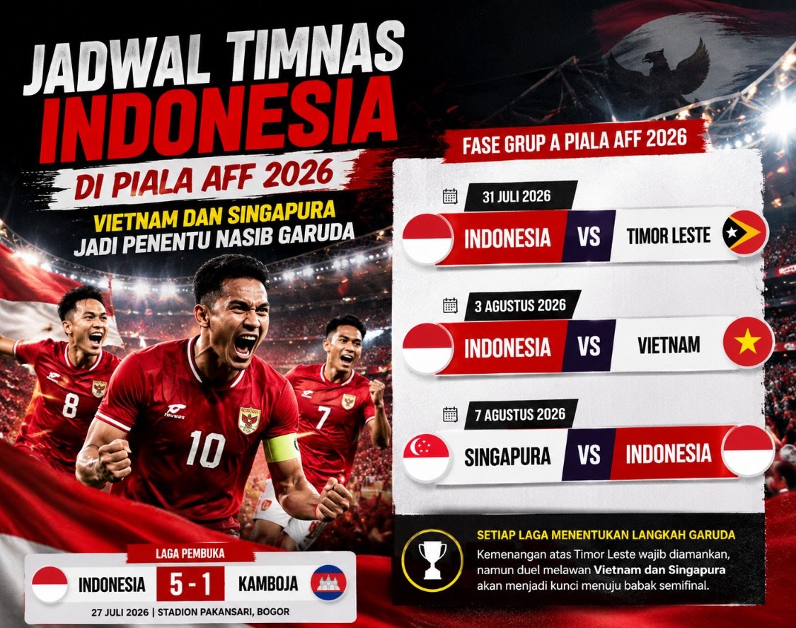 Jadwal Timnas Indonesia di Piala AFF 2026: Usai Hajar Kamboja 5-1, Vietnam dan Singapura Jadi Penentu Tiket Semifinal